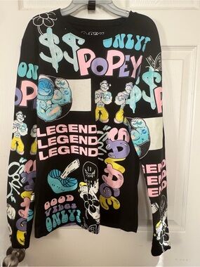 Popeye All Over Print Graphic Long Sleeve Shirt Size Small Black Streetwear